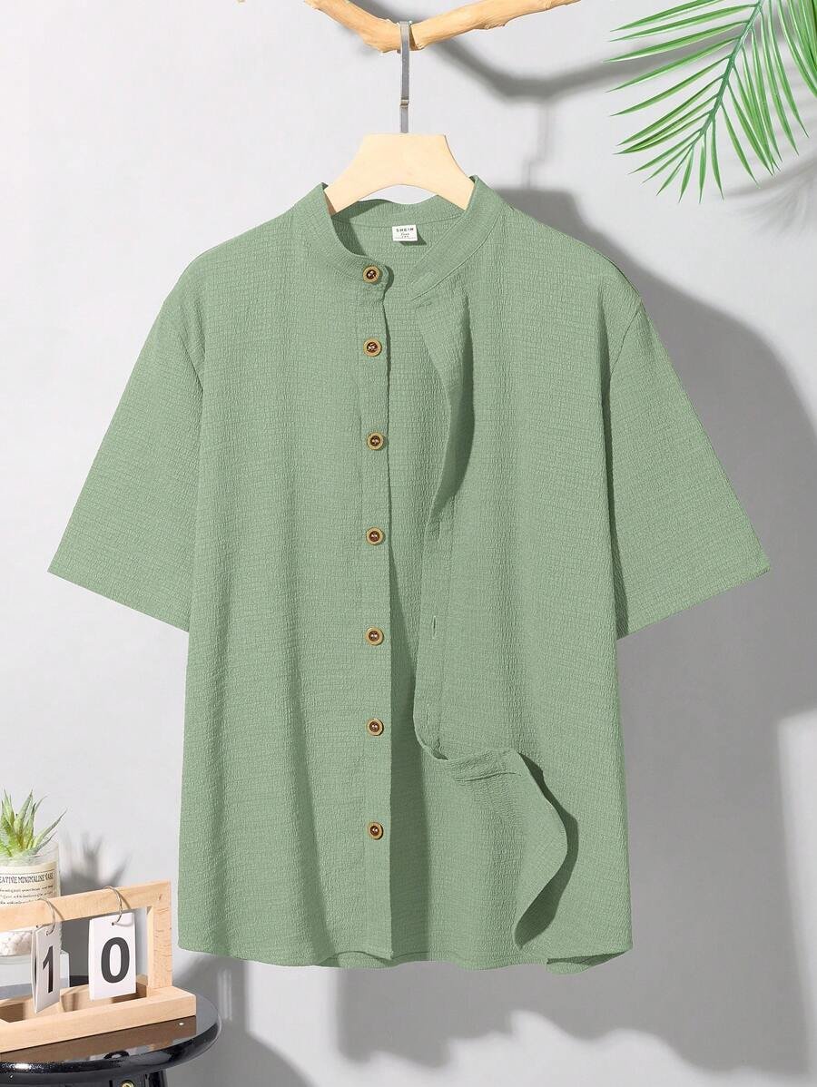 Camisa casual de manga corta y textura sencilla de solapa individual - Imagen 3