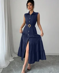 Vestido camisero informal sin mangas con volantes en el bajo