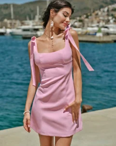 Vestido de verano elegante sin mangas con decoración de lazo en unicolor