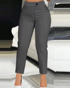 Pantalón casual de mujer de cintura alta liso con botón y cremallera