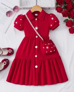 Vestido de verano lindo con apertura frontal, manga abullonada