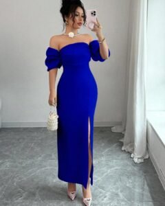 Vestido elegante y sexy rosa con hombros descubiertos