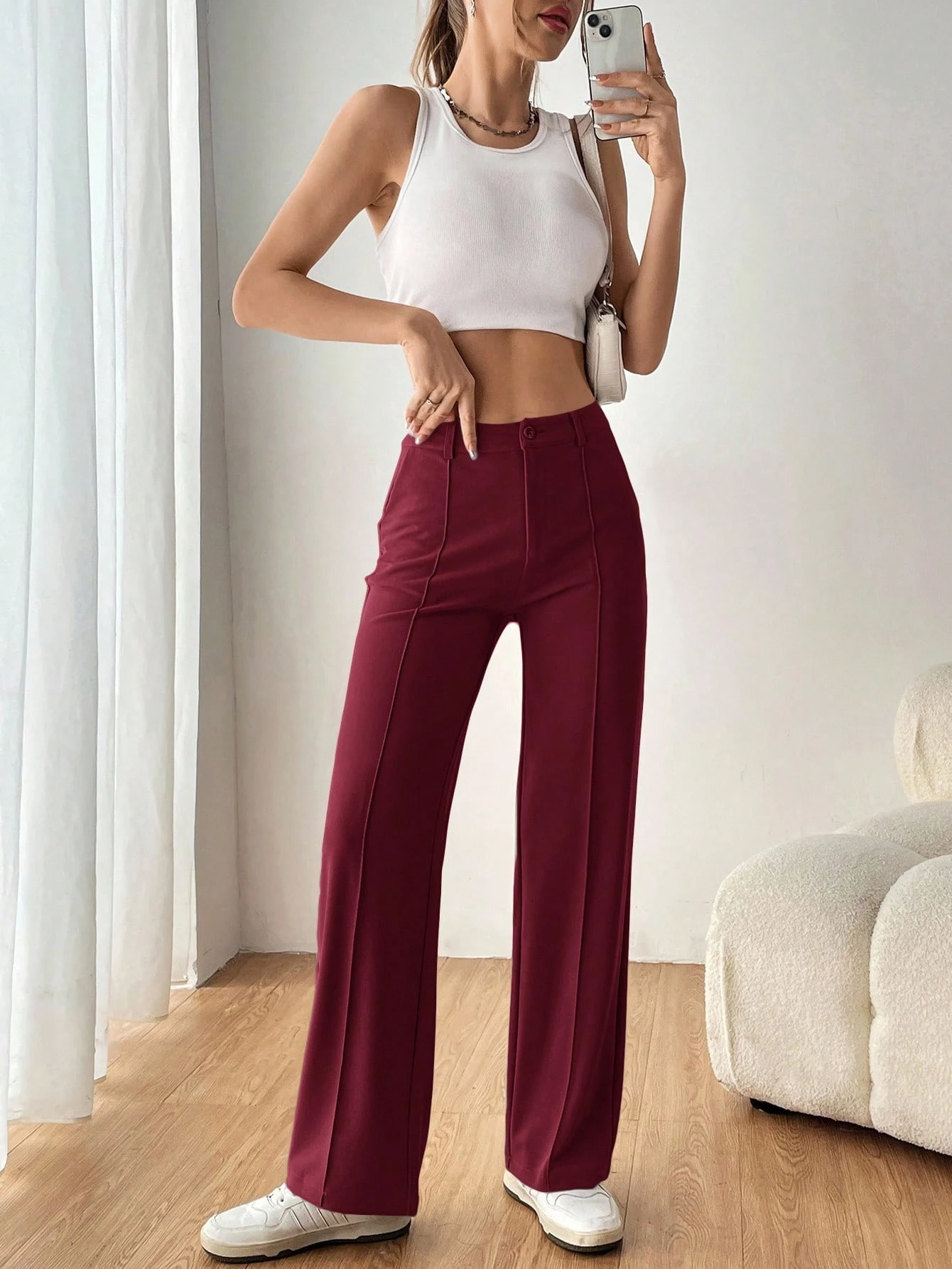 Pantalones burdeos minimalistas y casuales - Imagen 3