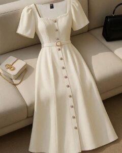 Vestido de manga corta elegante de unicolor con escote corazón