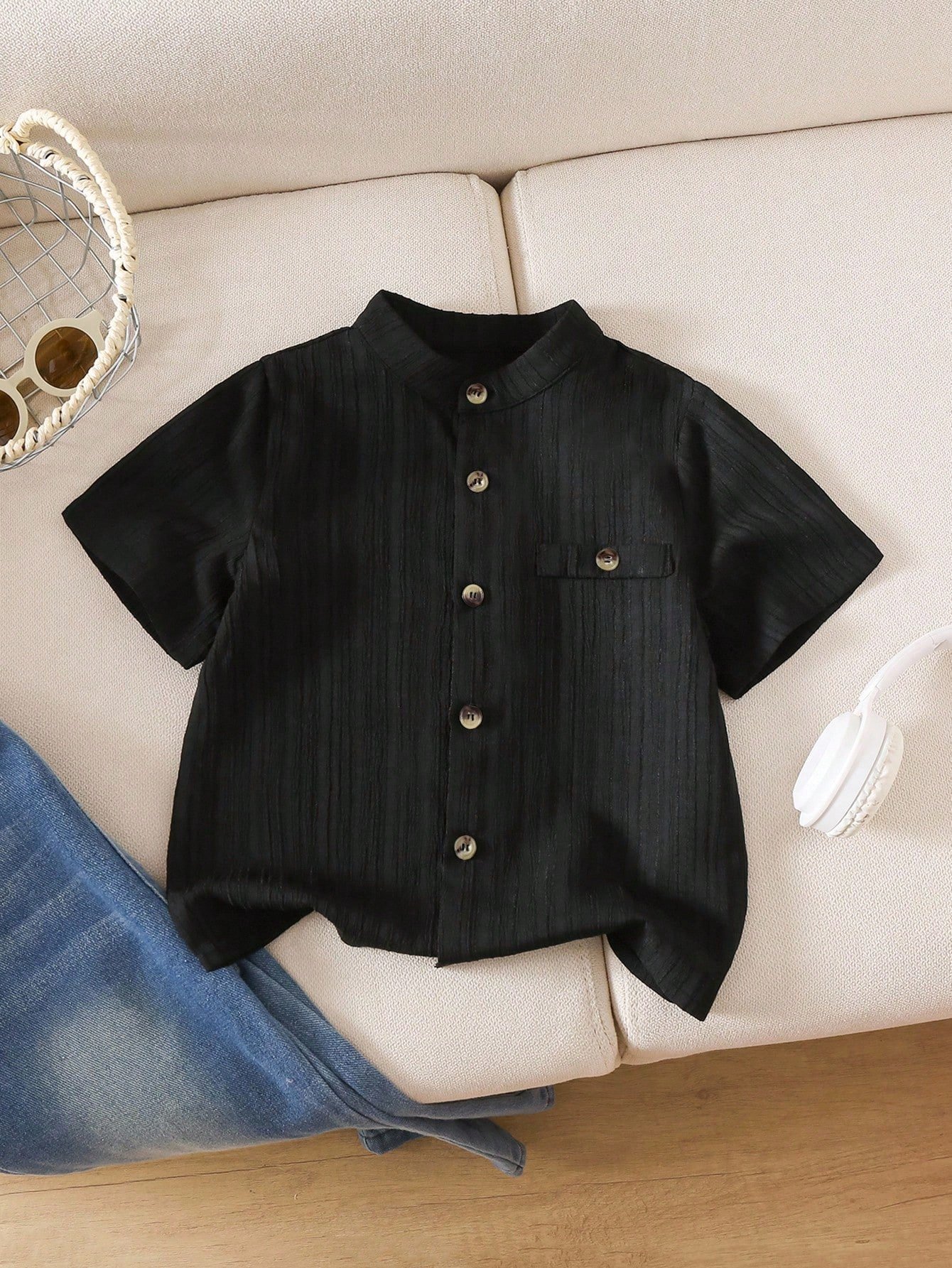 Camisa casual de manga corta de unicolor y corte holgado - Imagen 3