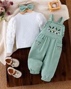 camiseta de manga larga + pantalones con tirantes con bordado y diadema con lazo