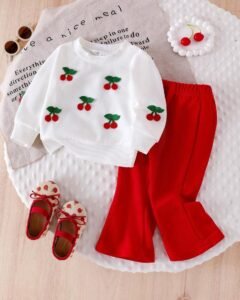 Conjunto de sudadera con bordado de cereza y pantalones acampanados