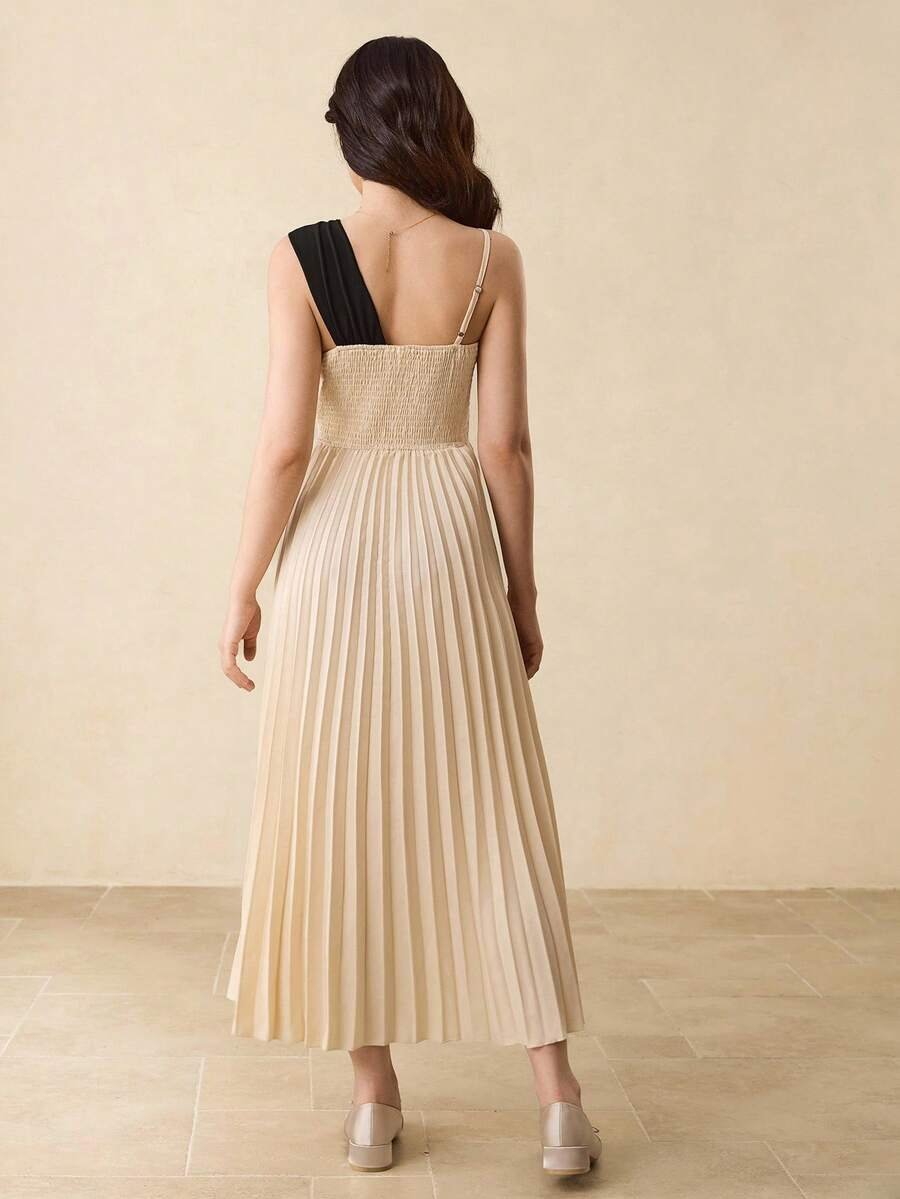 Vestido elegante de fiesta con tirantes finos, plisado, parche y cintura fruncida - Imagen 2