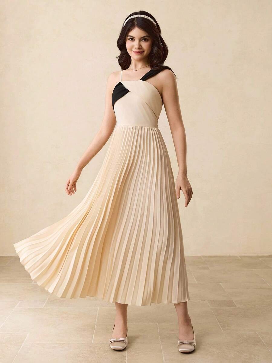 Vestido elegante de fiesta con tirantes finos, plisado, parche y cintura fruncida - Imagen 3