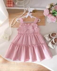 Vestido de línea A con volantes y lazo de tirantes finos para niñas, color rosa
