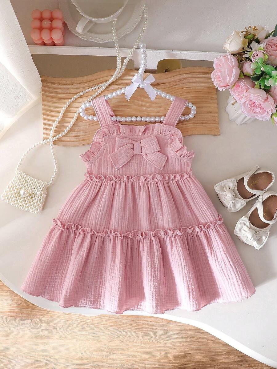 Vestido de línea A con volantes y lazo de tirantes finos para niñas, color rosa