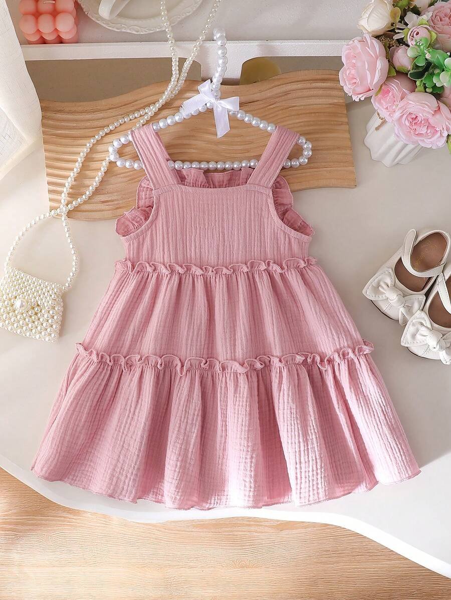 Vestido de línea A con volantes y lazo de tirantes finos para niñas, color rosa - Imagen 2