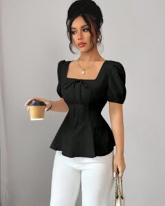 Blusa elegante con manga de farol de lazo francés