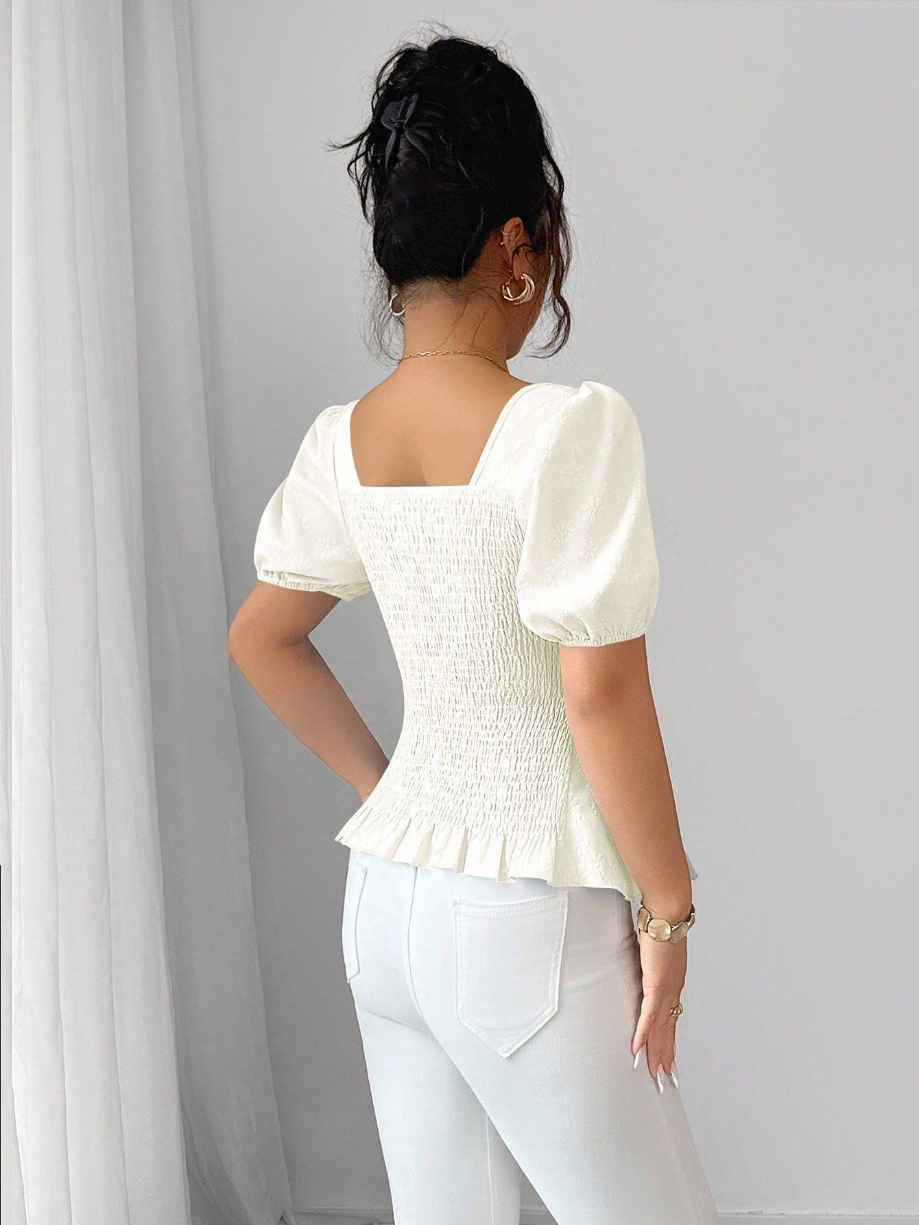 Blusa elegante con manga de farol de lazo francés - Imagen 2