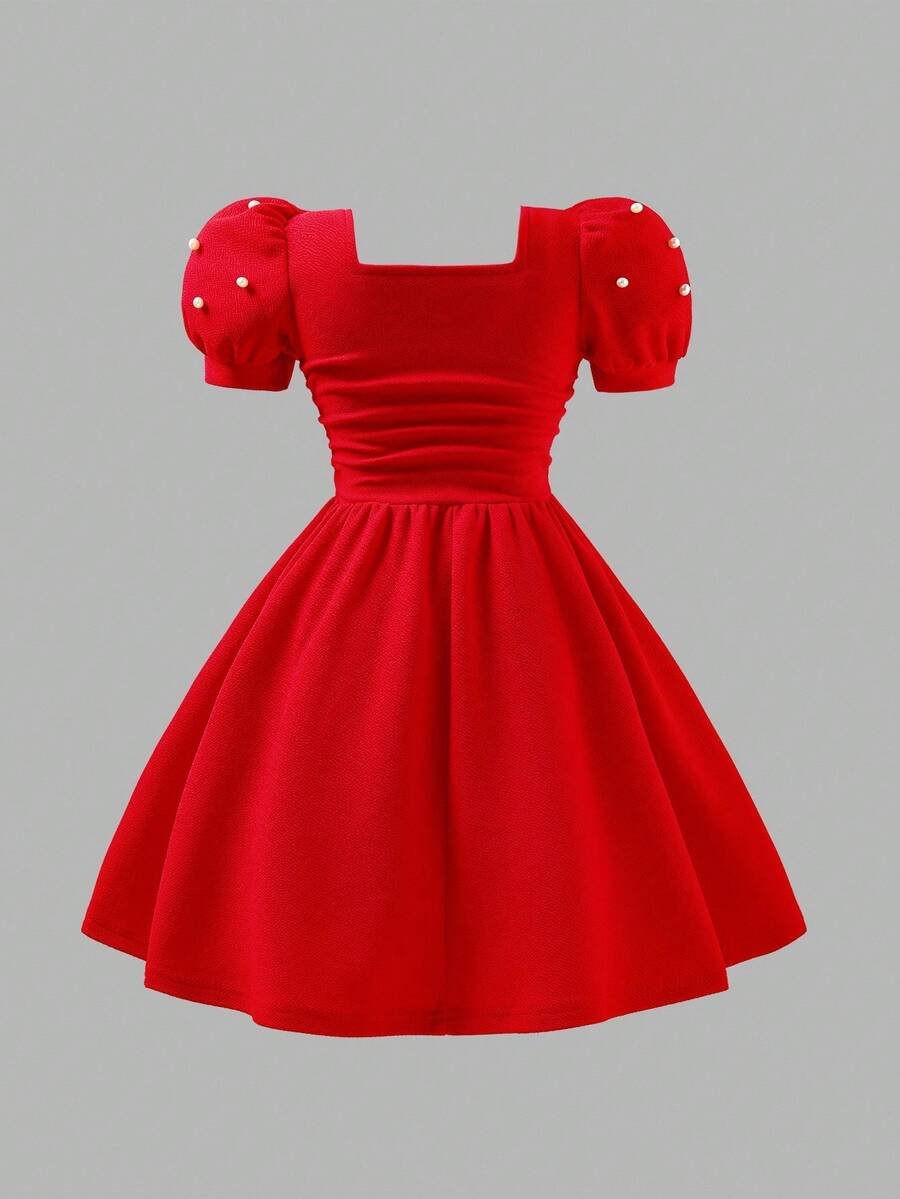 Vestido de punto con cuello cuadrado, mangas abultadas y cuentas - Imagen 2