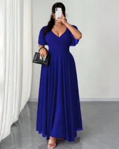 Vestido de línea A con cuello en V, mangas con volantes de gasa