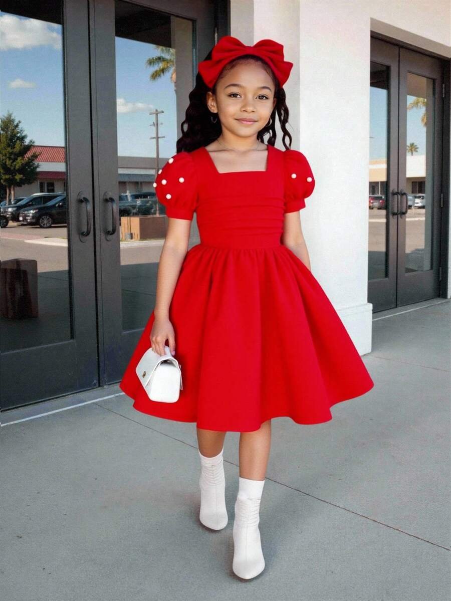 Vestido de punto con cuello cuadrado, mangas abultadas y cuentas - Imagen 3