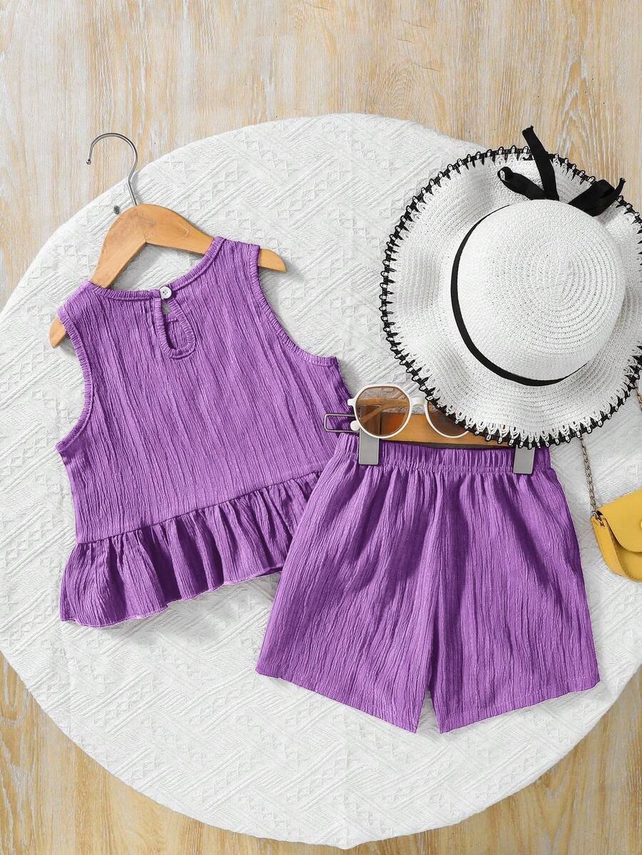 Top sin mangas de cuello redondo y pantalones cortos sueltos de unicolor - Imagen 2