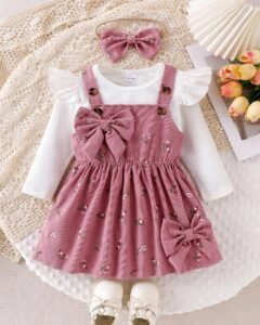 Camiseta de manga larga de unicolor, vestido de peto floral con decoración de lazo 3D