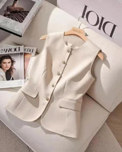 Blusa elegante de botones con parte delantera sólida y sin mangas