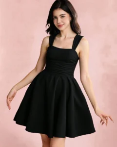 Vestido negro formal elegante y cómodo con volantes y tirantes anchos