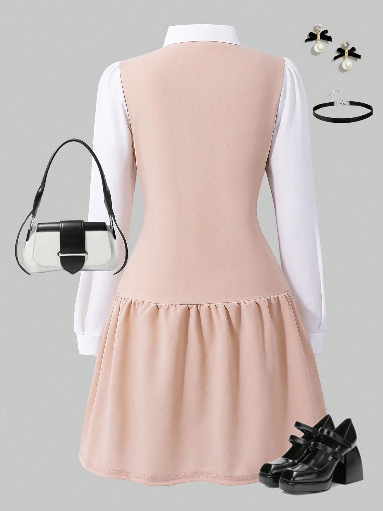 Vestido casual con cuello de lazo, botones de metal y bloqueo de color - Imagen 2