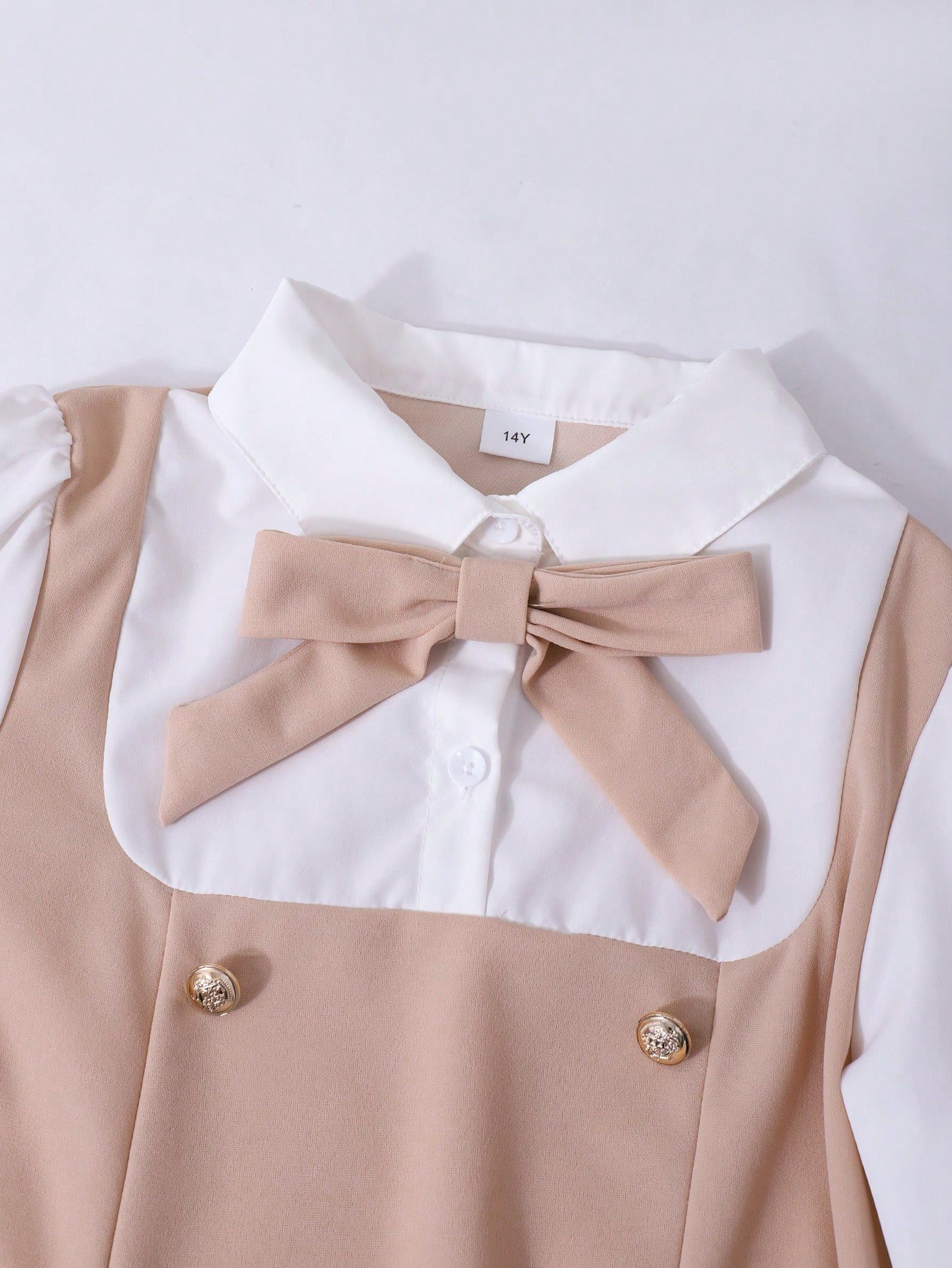 Vestido casual con cuello de lazo, botones de metal y bloqueo de color - Imagen 3