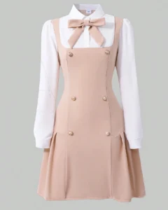 Vestido casual con cuello de lazo, botones de metal y bloqueo de color