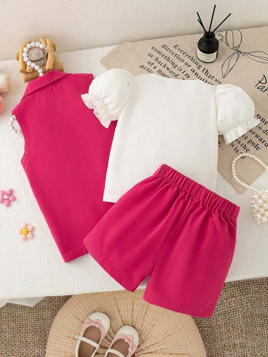 Chaleco, top de manga acampanada y shorts en color magenta - Imagen 2