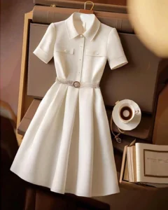 Vestido camisa elegante de unicolor con mangas cortas y abotonado