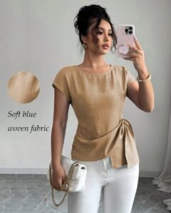 Blusa de mujer de verano de diseño asimétrico con cuello redondo