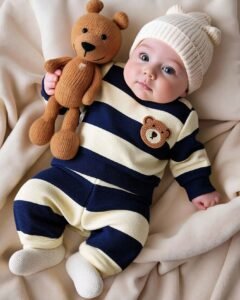 Recién nacido bebé niño top de manga larga con cuello redondo con patrón de oso