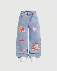 Jeans de pierna recta con cintura elástica, estampados de mariposas y corazones