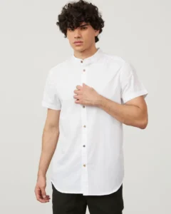 Camisa Long Fit Manga Corta Cuello Mao Blanca