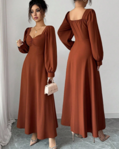 Vestido maxi elegante de mujer con cuello cuadrado, mangas abultadas