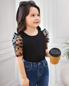 Blusa De Malla Contrastante De Manga Abullonada