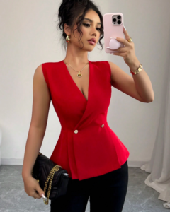 Blusa de mujer minimalista sin mangas con cuello en V