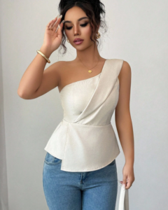 Blusa casual de mujer con volante asimétrico en unicolor