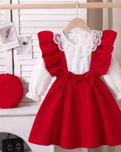 Blusa blanca con cuello de volantes + Vestido de peto rojo con moño 3D
