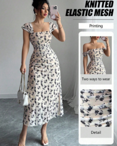 estido elegante de mujer con cuello cuadrado, estampado floral