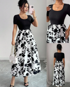 Vestido de línea A con cuello en U, manga corta, unicolor