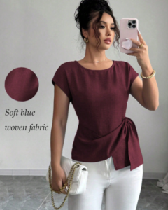 Blusa de mujer de verano de diseño asimétrico con cuello redondo