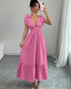 Vestido elegante sin mangas con escote en V y cintura anudada con lazo