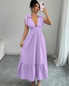 Vestido elegante sin mangas con escote en V y cintura anudada con lazo