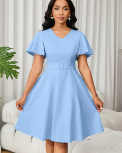 Vestido línea A con mangas abullonadas y unicolor elegante