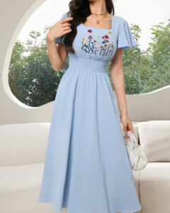 Vestido midi elegante para mujer con cintura ceñida y bordado floral