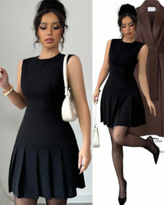 Vestido mini elegante y romántico de color negro con pliegues en la cintura