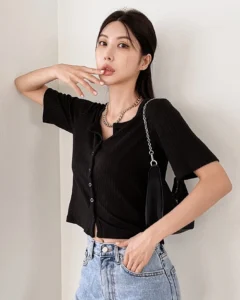 Camiseta corta de punto acanalado liso, estilo preppy