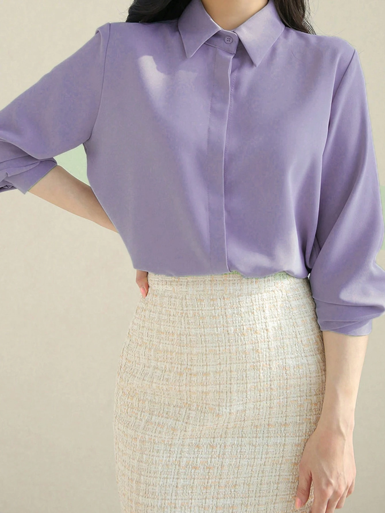 Camisa con botones frontales lisos, blusas de manga larga - Imagen 3