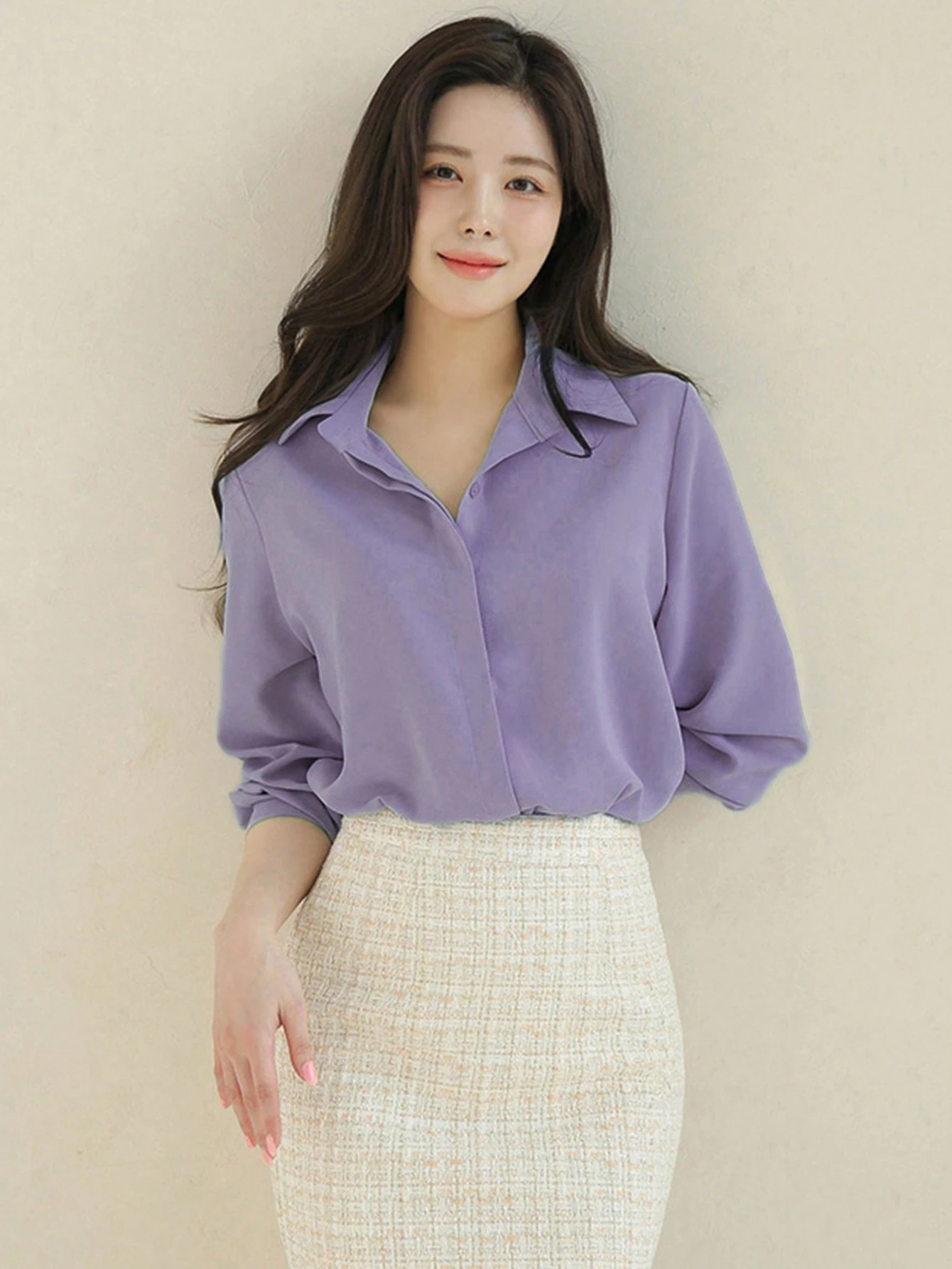 Camisa con botones frontales lisos, blusas de manga larga - Imagen 2